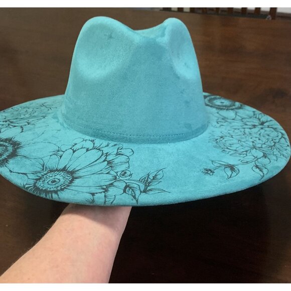 Katie Wide Brim Floral Burned Suede Hat Teal OS display picture 3
